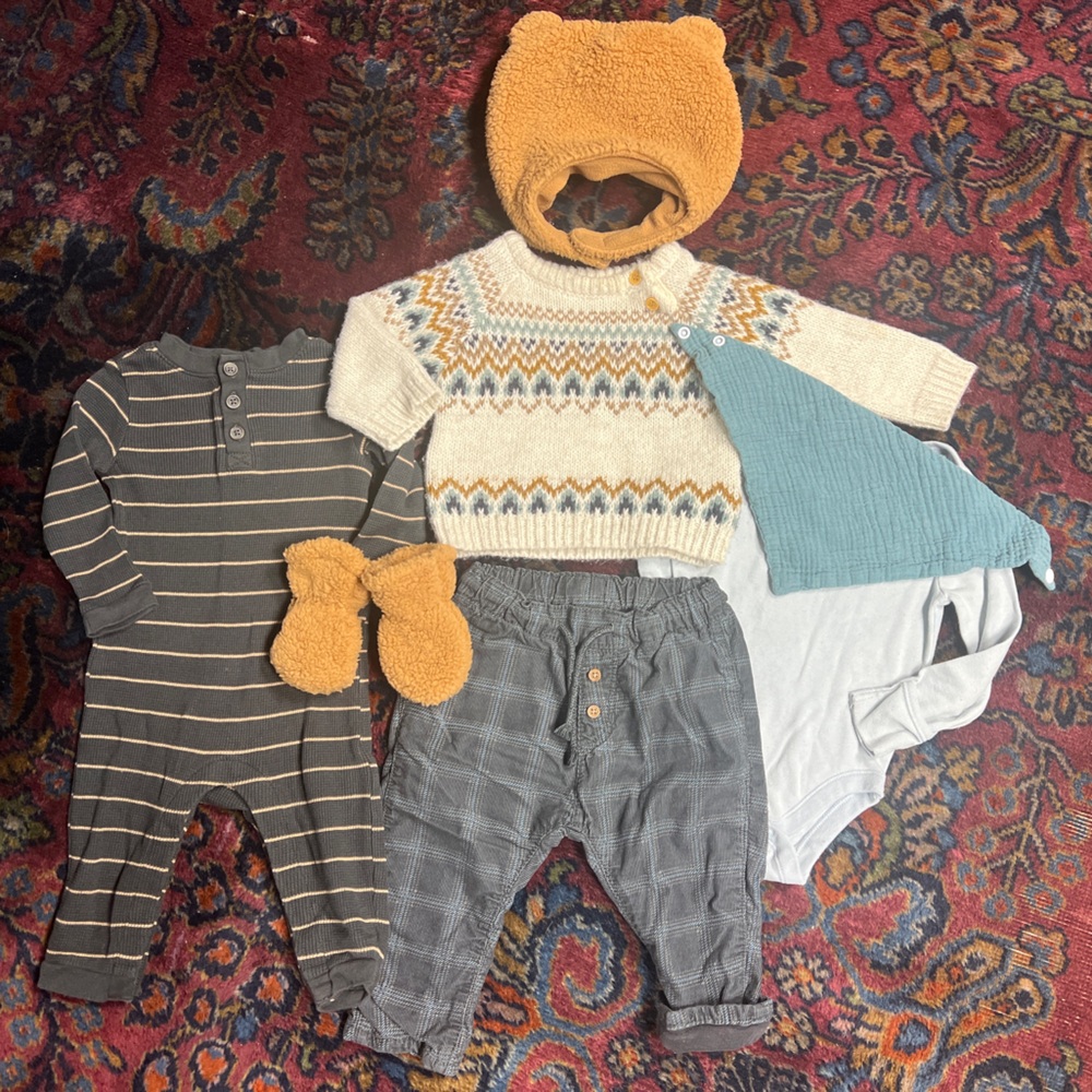 Baby boy lot fair isle sweater, corduroys, striped one piece fleece bear hat